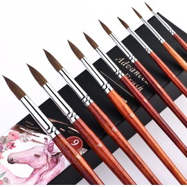 Kolinsky Watercolour Brushes Set 9 Pieces Superior Sable Hair Round Pointed Professional Art Paintbrush Round Tip Paint Brush Kit for Watercolour Acrylic Inks Gouache Tempera Painting