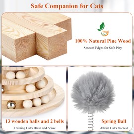 3BAO Large 2-in-1 Wooden cat Toy Tower with Spring cat Toy Stick, Indoor Interactive Track Ball and Bell Toy for Kittens - Puzzle Solving, Exercise and Play