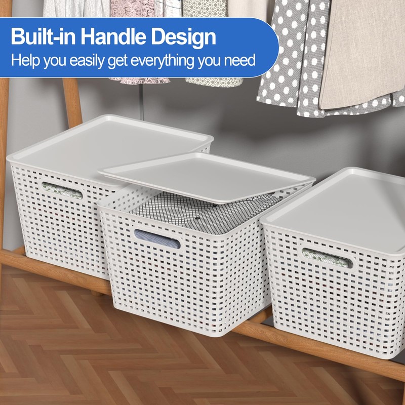 Qskely 6-Pack Large Plastic Storage Baskets with Lid, White
