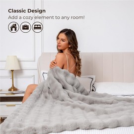 The Malibu Blanket - Faux Fur Bubble Blanket 50"x60" Pebble Grey - Luxuriously Soft Cozy Warm Gift for Women, Plush Silky Fuzzy Weighted Reversible Design Home Decor