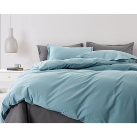 Get Bed Ready Stone Washed Cotton Casual Duvet Cover Set Solid Color Relaxed Modern Style Bedding Natural Soft Wrinkled Lived-in Look (Dusty Blue, King)