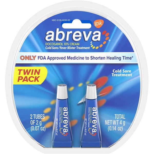Abreva Docosanol 10% Cream Tube, Treatment for Cold Sore/Fever Blister, 0.07 Ounce (Pack of 2)