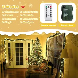 Battery Operated Christmas Lights with Remote, 2 Pack Total 200 LED Battery Powered Christmas Lights Indoor Outdoor Waterproof, 66ft 8 Modes Warm White Christmas Lights for Christmas Decorations