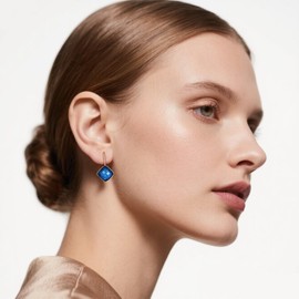 Austrian Crystal Square Drop Leverback Earrings for Women Fashion 14K Gold Plated Hypoallergenic Jewelry Gift (Dark Blue)