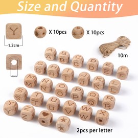 Ailvor Wooden Letter Beads, 72 Pieces Wooden Beads Letters with Jute Cord, A-Z Letters Letter Cube Wood for Bracelets, Necklaces, Key Chains, DIY Jewellery Crafts (3 Styles)