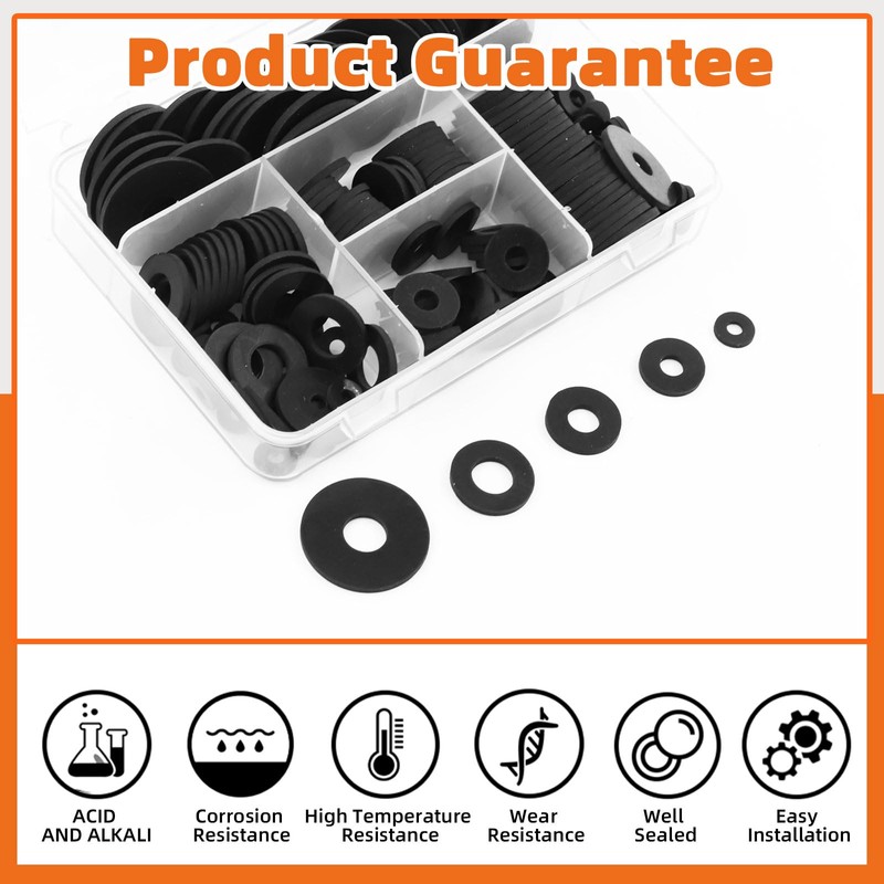 Tanstic 175Pcs 7 Sizes Black Flat Rubber Washers Assortment Kit,
