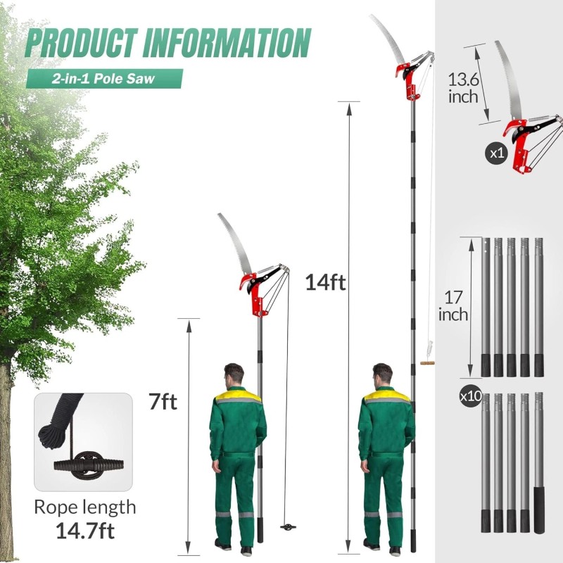 Suchtale 14ft Pole Saw, Manual Tree Pruner Sharp Steel Blade