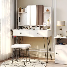 TC-HOMENY Makeup Vanity with Charging Station, Vanity Desk with 2 Drawers and Mirror, White Vanity Desk Storage Shelves and Cushioned Stool, Vanity Table with Metal Hairpin Legs