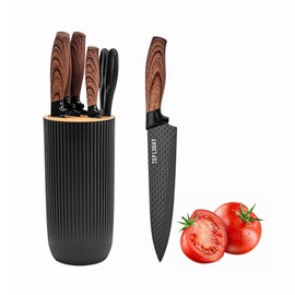 Kitchen Knife Set, 6-Pieces Luxury Wooden Coating Knife Set, Light Wood Grain Handle, Stainless Steel Non-Stick Sharp Blade Chef Knife Set with Cylindrical Knife Block for Gift