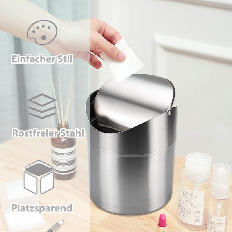 Table Rubbish Bin with Lid, Mini Stainless Steel Table Waste