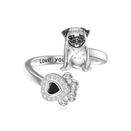 Midari Pug Gifts for Pug Lovers 925 Sterling Silver Dog Rings for Women Agjustable Dog Paw Open Ring Cute Pug Jewelry Gifts for Women Birthday Pet Lover