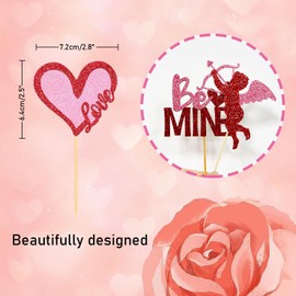 24Pcs Valentine's Day Cupcake Toppers for Valentine's Day Decorations,Be Mine Love Heart Valentine's Day Cupcake Picks for Sweet Love Theme Party Decorations(Mix Pink)