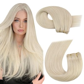 Moresoo Weft Hair Extensions Human Hair Lightest Blonde Hair extensions Real Human Hair Weft Remy Hair Extensions Real Human Hair Weft Real Hair Weft Extensions 24inch 100g