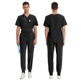 Uniforms World Scrub Sets for Men, Stretchy V-Neck Scrubs Top & Yoga Jogger Pants with 8 Pockets