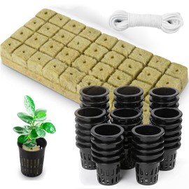 QOOWFEANIG Grow Cubes for Hydroponics 50Pcs Stonewool Starter Plugs & 50Pcs 2in Slotted Mesh Net Pot Cups with 10m Self Watering Cotton Wick Cord for Hydroponic System/Seedlings/Soilless Cultivation