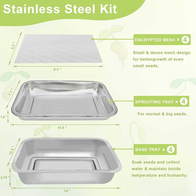 TCYPUHL Stainless Steel Sprouts Growing Kit 4-Tier 14 inch Trays,