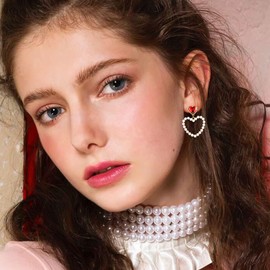 Smilebelle Pearl Heart Earrings for Women as Wedding Accessories, Elegant Gold Pearl Dangle Earrings Red Heart Earrings as Birthday Gift Pearl Jewelry Matching Party Outfit