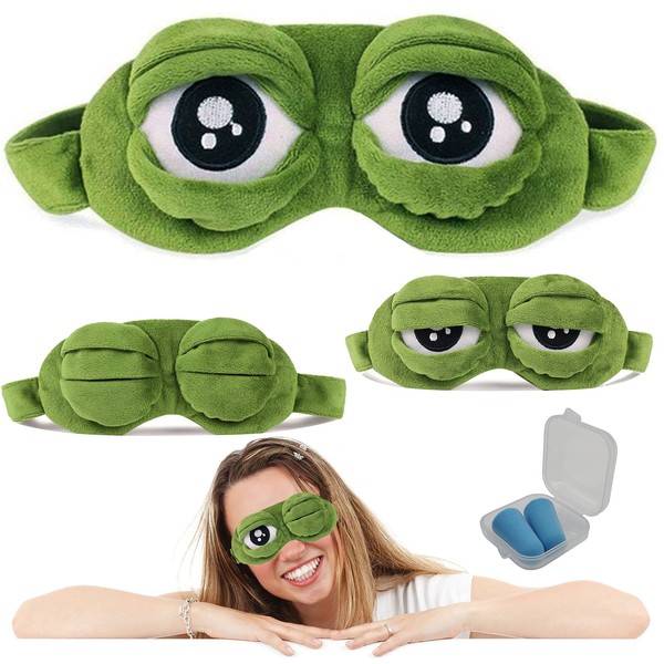 Frog Eye Mask, Cartoon Fluff Blindfold Cute Sleep Eyeshade Frog 3D Eye Cover Green 1pcs