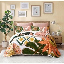 Tyrot 3 Piece Boho Floral King Size Quilt Sets Farmhouse Botanical Reversible Lightweight Bedspread Coverlet with 2 Shams Mid Century Leaves Microfiber Bedding Quilts Set for All Season, 106''x96''