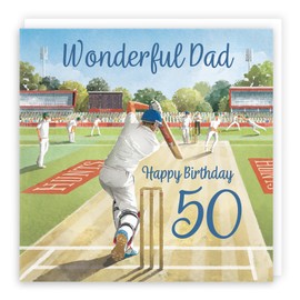 Hunts England - 50th Dad Cricket Birthday Card - Milo's Gallery - Age 50 Sport Fun Birthday Card For Dad - Birthday Card For 50 Year Old Cricket Fan - Age Fifty