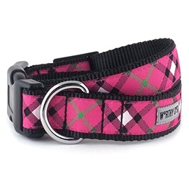 The Worthy Dog Bias Plaid Pattern Designer Adjustable and Comfortable Nylon Webbing, Side Release Buckle Collar for Dogs - Medium, Pink/Black