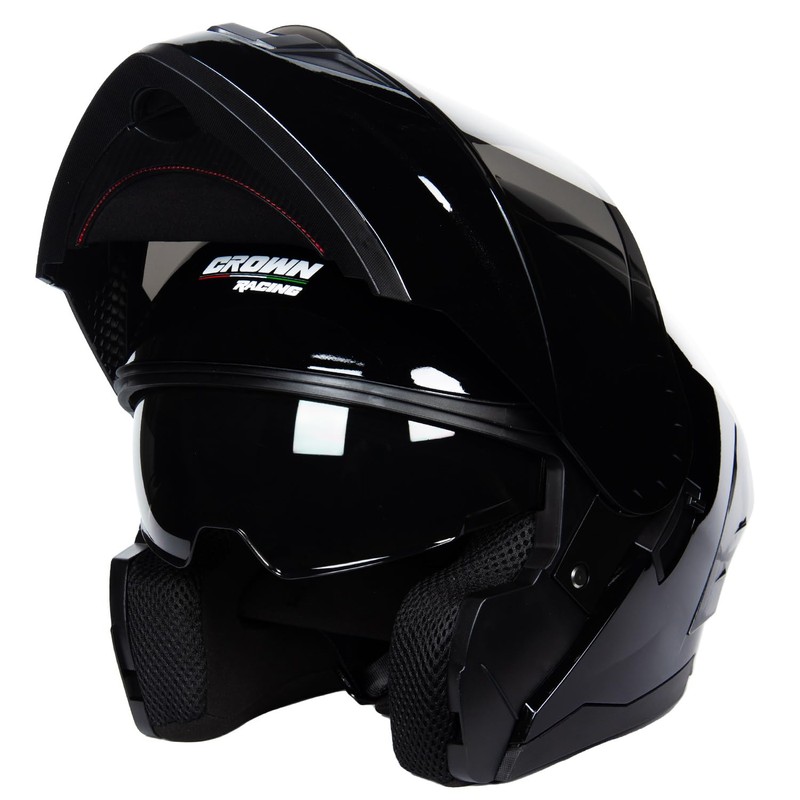 Crown Racing Modular Motorcycle Helmet with Flip-Up Design, Gloss Black,