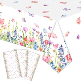 3 Pieces Spring Floral Rectangle Plastic Tablecloth - 54x108 Inch Disposable Wild Flowers Table Cover with Butterflies and Flowers for Garden, Tea Party, Easter, Birthday, and Picnic Decorations