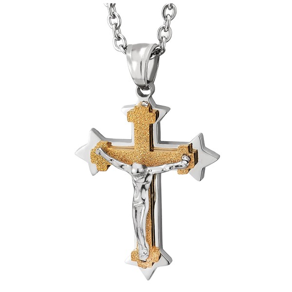 COOLSTEELANDBEYOND Small Three-Layer Jesus Christ Crucifix Cross Pendant Men's Women's