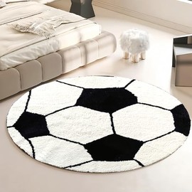Football Rug,80 cm Round Rug,Football Room Decor for Boys,3D Look,Shaggy Pile Carpet. Machine Washable.TPR Latex Non-Slip Sole.Tootball Room Decor.Sports Rug