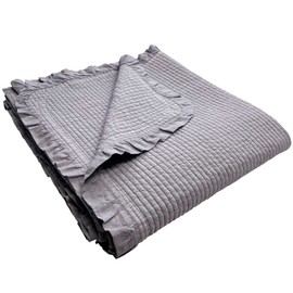 100% Cotton Frilled Bed Coverlet, Blanket - Full/Double Size 79x91" - Pigment Washed Soft & Breathable Quilted for Bed and Couch - Lightweight Coverlet for All Seasons (Gray)