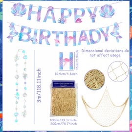 Mermaid Birthday Party Decorations Iridescent Garland Banner Fishnet for Pirate Nautical Under The Sea Theme Party Supplies Decor Garland