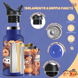 HoneyHolly Thermos Flask, 350 ml, BPA-Free, Stainless Steel, Leak-Proof Water Bottle, Double-Walled, Children's Drinking Bottle, with Straw, Sports Bottle for Bike, Sports, Yoga, School