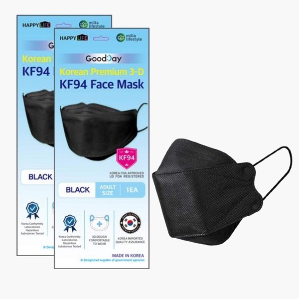 FLEXMON (Pack of 2 Korea Black Disposable KF94 Face Masks 4-Layer Filters Breathable Comfortable, Good Day, Nose Mouth Covering Dust Mask Made in Korea