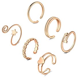 Mayhoop Toe Rings for Women Rosegold Adjustable Toe Rings Knuckle Rings Surgical Steel Heart Flower Star 6Pcs