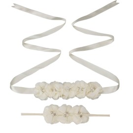 Lauthen.S Maternity Flower Sash Headband Set Women Girls Wedding Baby Shower Sash Belt Ivory