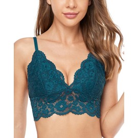 Exclare Women's CA Soft Padded Cup Plunge Wirefree Racerback Lace Bralette Top Everyday Bra (XXL,Blue)