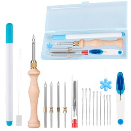 18 Pieces Embroidery Starter Kit Punch Needle Kit, 2 Needle Threaders, 1 Adjustable Embroidery Pen Made of Wooden Handle with 5 Size Punch for Crafts Stitching Applique Embellishments Beginners