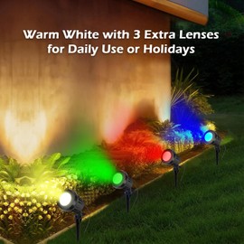 Holeva Spotlight Outdoor, 10W LED Spot Lights Outdoor 2700K Warm White with 3 Extra Lenses (Red Green Blue) | 120V Plug in Landscape Lighting with IP67 Waterproof for Yard 2 Pack