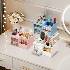 Makeup Organizer with 2 Drawers, Makeup Organizers Countertop for Vanity and Bathroom, Make up organization and Skincare Storage with Brush Holder, for Dresser, Desktop, Cosmetic Display Case (Blue)