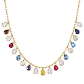 KissYan Cubic Zirconia Charm Necklace for Women, 14K Gold Plated Beaded Choker Rainbow White CZ Necklaces Dainty Summer Jewelry Gift(Pear Drop)