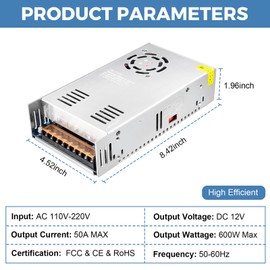HPMN 12V 50A Power Supply 600W AC/DC Adapter Switching Power Transformer AC 110V-220V to DC 12 Volt 50 Amp Converter Low Voltage Output for LED Strip Light Security System CCTV Camera