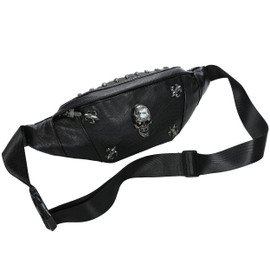 Bum Bag Women Men Leather Black Bum Bag Festival Small Skull Designed Fanny Pack Stylish Belt Bag Men Women Leather for Travel Shopping, Colour: 5, Fashion