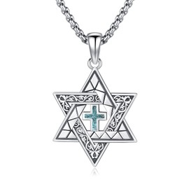 PCTJYFU Star of David Cross Necklace 925 Sterling Silver Turquoise Jewish Star Pendant Jewish Jewelry for Women Men
