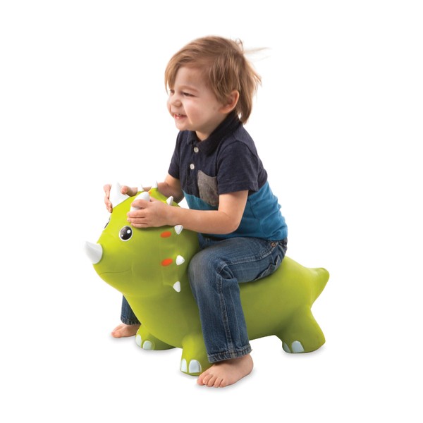 HearthSong Bouncy Inflatable Animal Jump-Along Ride-On Toy for Toddlers with Hand Pump and Unique Birth Certificate, Holds Up to 150 Lbs - Triceratops, Green