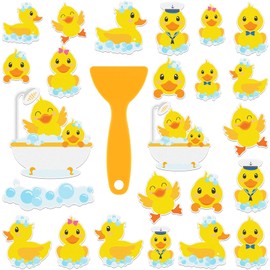 Joottuan 24 PCS Yellow Duck Non Slip Shower Stickers Cute Cartoon Duck Anti Slip Bathtub Decals Bathroom Floor Decor Bathe Treads Decorations Adhesive Appliques with Scraper