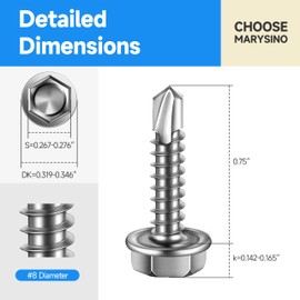 Self Tapping Screws for Metal 100Pcs #8 x 3/4" Sheet Metal Screws, 410 Stainless Steel Hex Head Self Drilling Screws for Metal Plastic Wood, High-Strength Quick Self-Tapping Screws by Marysino
