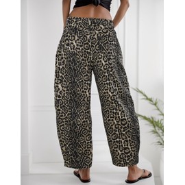 Kedera Women's Baggy Barrel Jeans Casual Boyfriend Mid Rise Leopard Printed Wide Leg Denim Ankle Pants