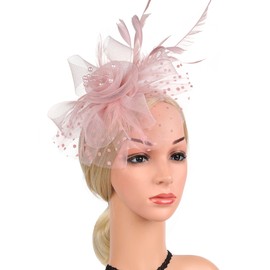 KalluliCC Fascinators Hat for Women Tea Party,Tea Party Hats with Mesh Ribbons Feathers for Women，Pink Mesh Wedding Headbands for Women and Girls Blush Pink