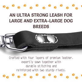 Genuine Leather Short Traffic Dog Leash- 12" Length x 1" Wide - Soft, Strong, Heavy Duty for Large & Medium Breeds - Dog Lead for Walking, Training, Hiking and Running – Black