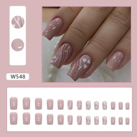 Square Medium Press on Nails Glossy Nude Fake Nails White Heart Glue on Nails Full Cover False Nail Tips with Glitter Stripe Designs Square Shape Valentine’s Day Stick on Nails for Women Nail Art DIY